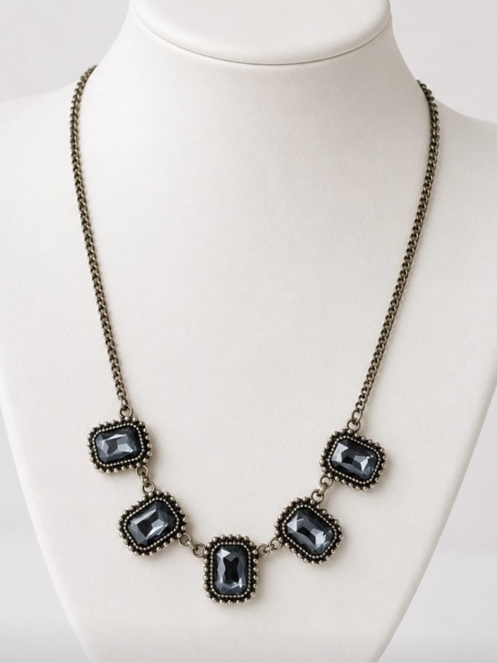 Elegant and unique 18” Gold-Tone Gunmetal grey Crystal Necklace. 3” extender.